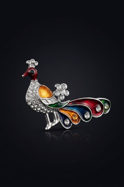 Brooch - Silver, Multi-Color peacock - angle