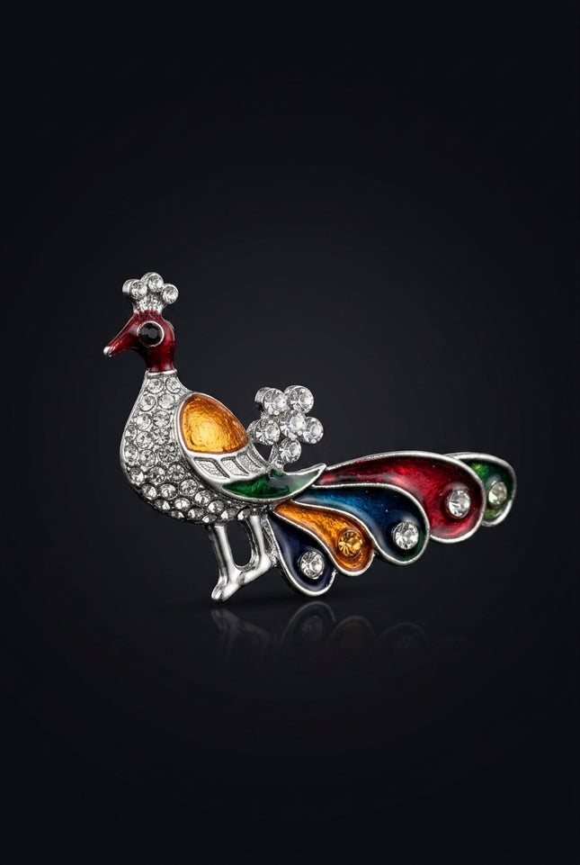 Brooch - Silver, Multi-Color peacock - angle