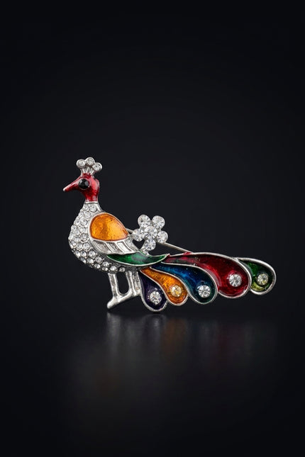 Brooch - Silver, Multi-Color peacock - front