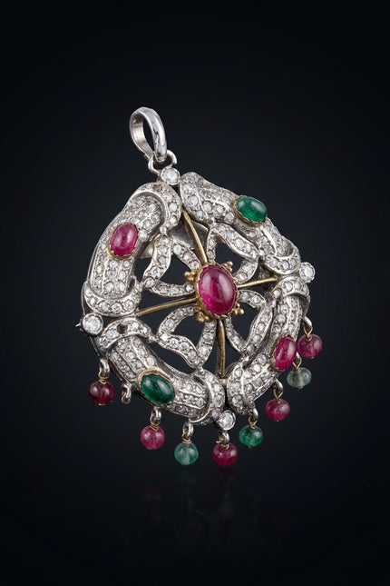 Brooch - Silver Red Green ornate scalloped oval with dangling beads - angle