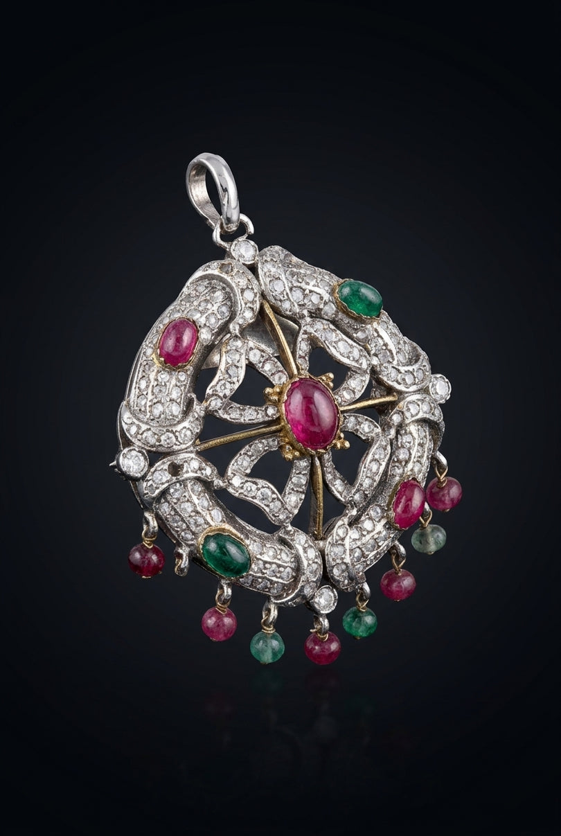 Brooch - Silver Red Green ornate scalloped oval with dangling beads - angle