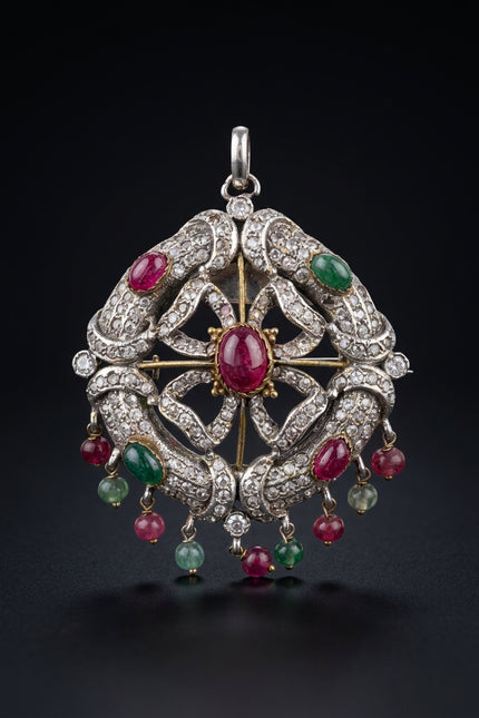 Brooch - Silver Red Green ornate scalloped oval with dangling beads - front