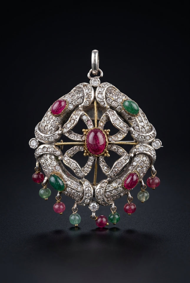 Brooch - Silver Red Green ornate scalloped oval with dangling beads - front