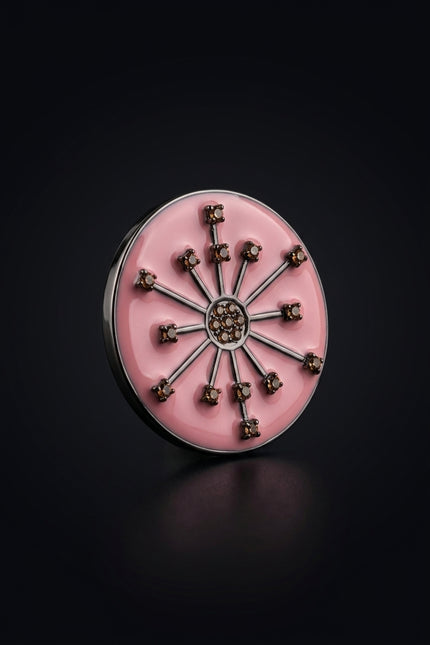 Brooch - Pink, Black, Bronze round, spoked, studded - angle