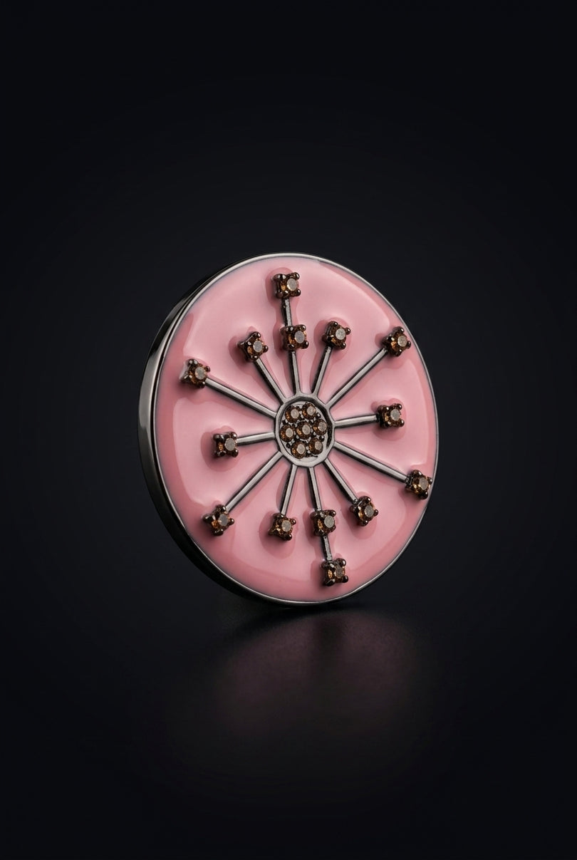 Brooch - Pink, Black, Bronze round, spoked, studded - angle
