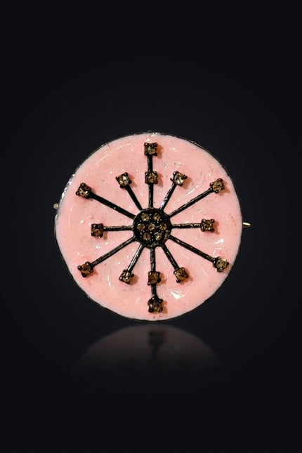 Brooch - Pink, Black, Bronze round, spoked, studded - front