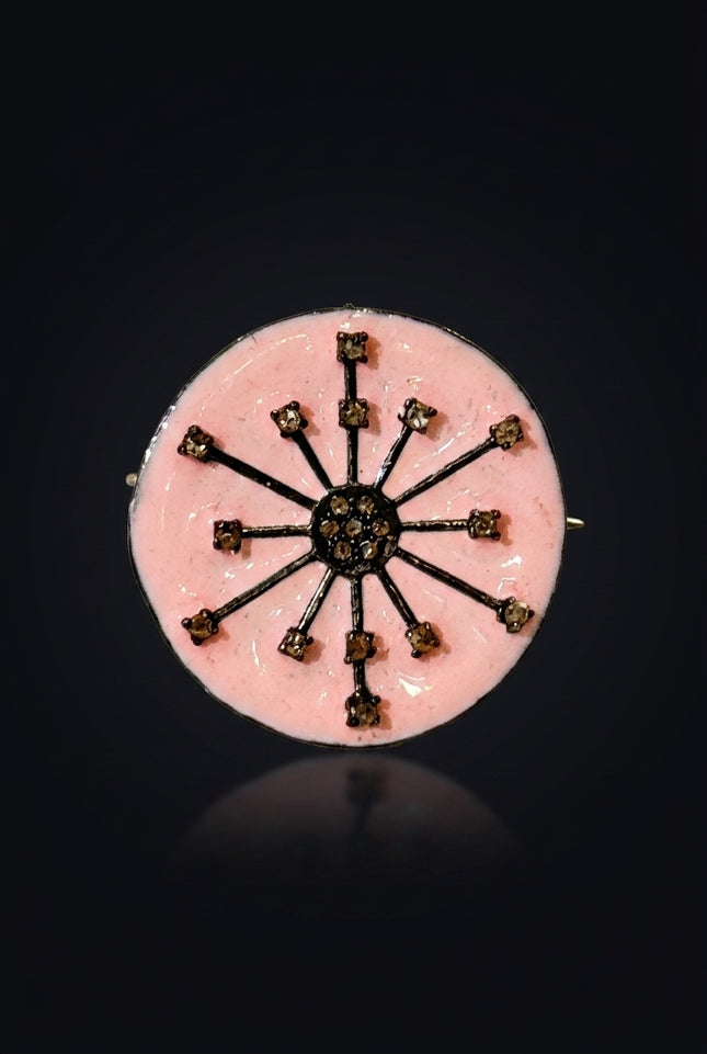 Brooch - Pink, Black, Bronze round, spoked, studded - front