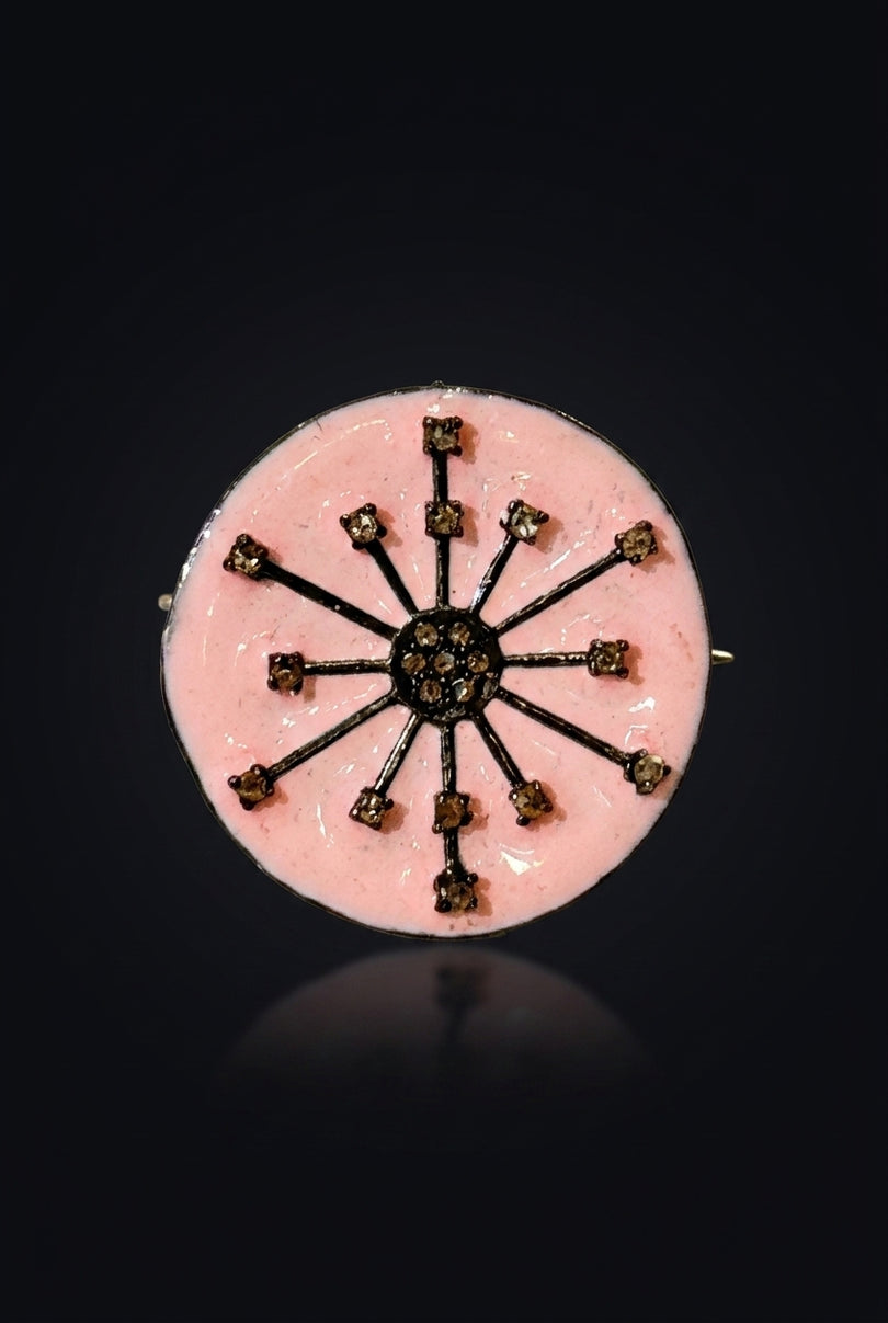 Brooch - Pink, Black, Bronze round, spoked, studded - front