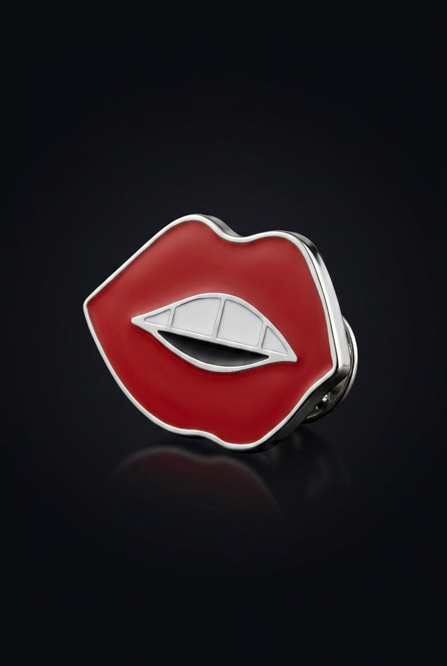 Brooch - Red|White|Black|Silver lips with teeth - angle