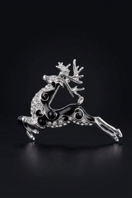 Brooch - Silver_Black_Clear leaping reindeer - angle