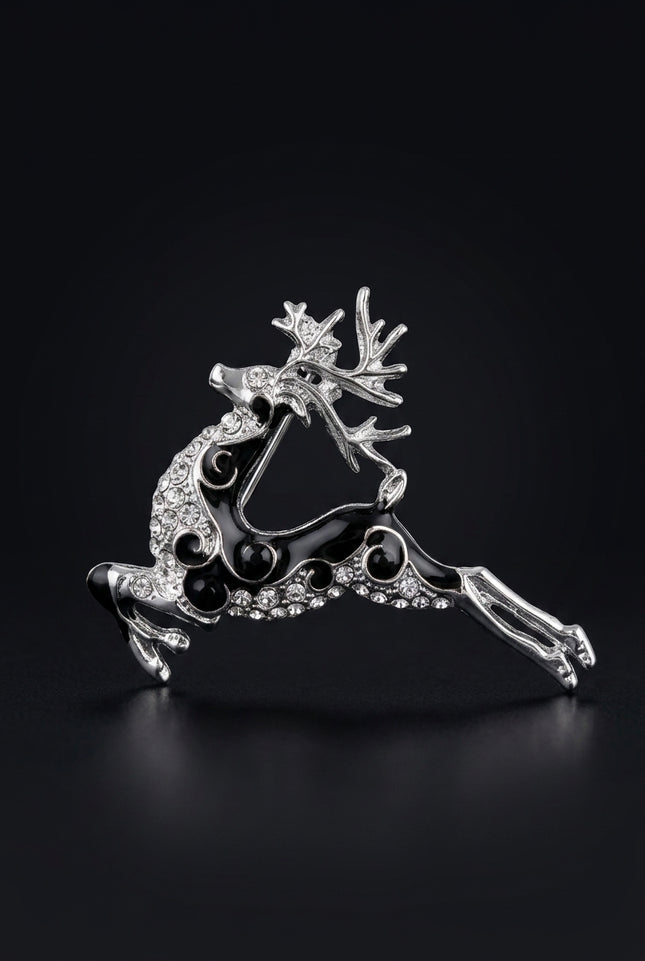 Brooch - Silver_Black_Clear leaping reindeer - angle
