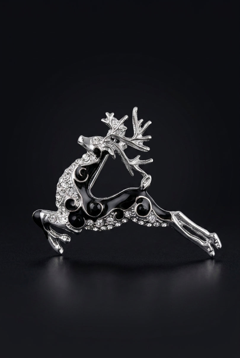 Brooch - Silver_Black_Clear leaping reindeer - angle