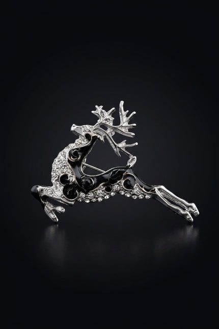 Brooch - Silver_Black_Clear leaping reindeer - front