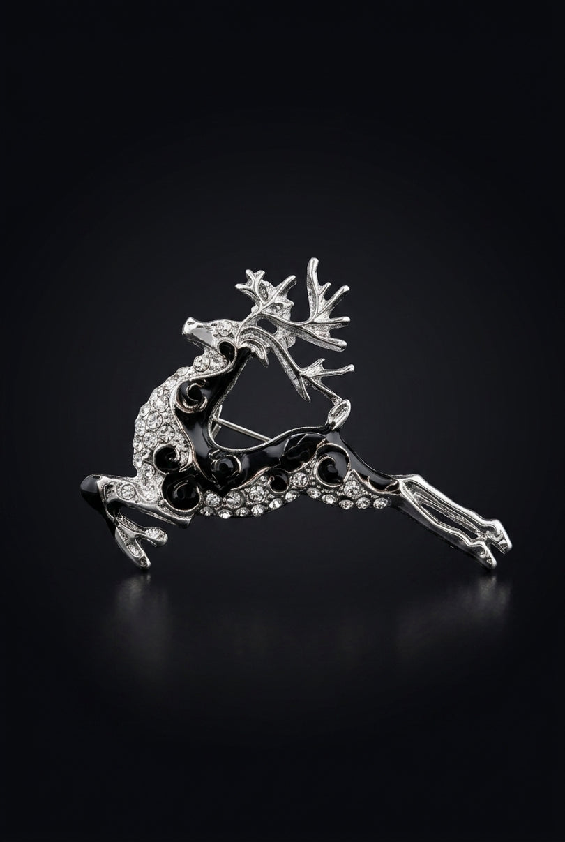 Brooch - Silver_Black_Clear leaping reindeer - front