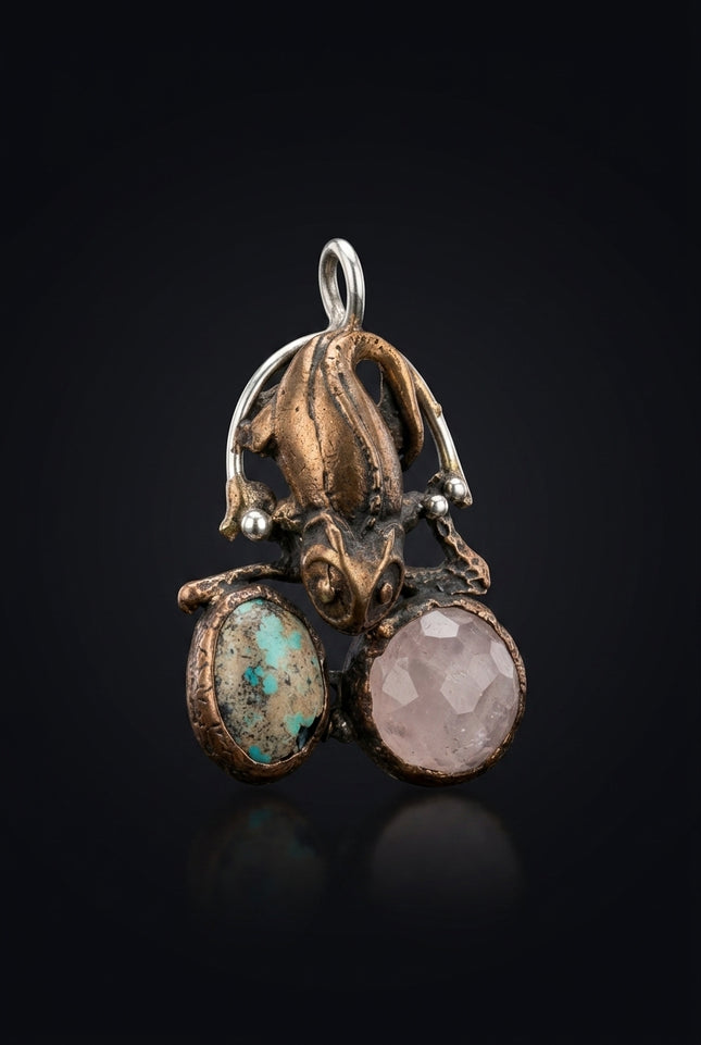 Brooch - Bronze_Silver_Turquoise_Pink stylized reptile holding two oval stones - angle