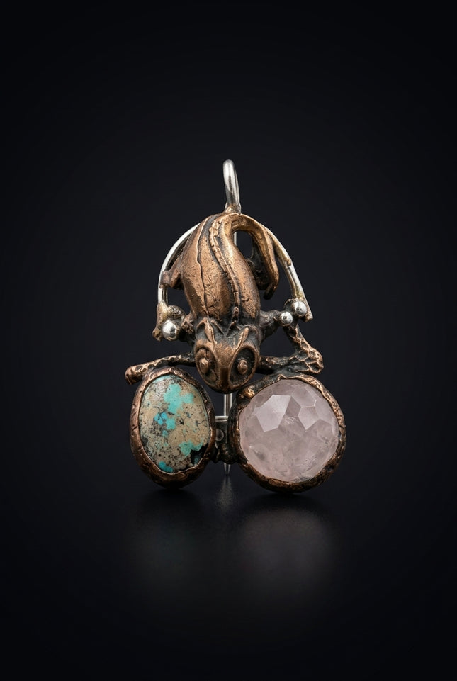 Brooch - Bronze_Silver_Turquoise_Pink stylized reptile holding two oval stones - front