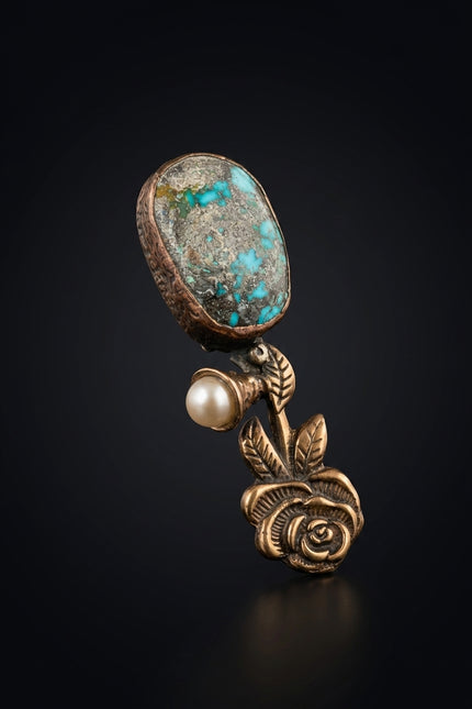 Brooch - Bronze, Turquoise, White elongated, rose, oval stone - angle
