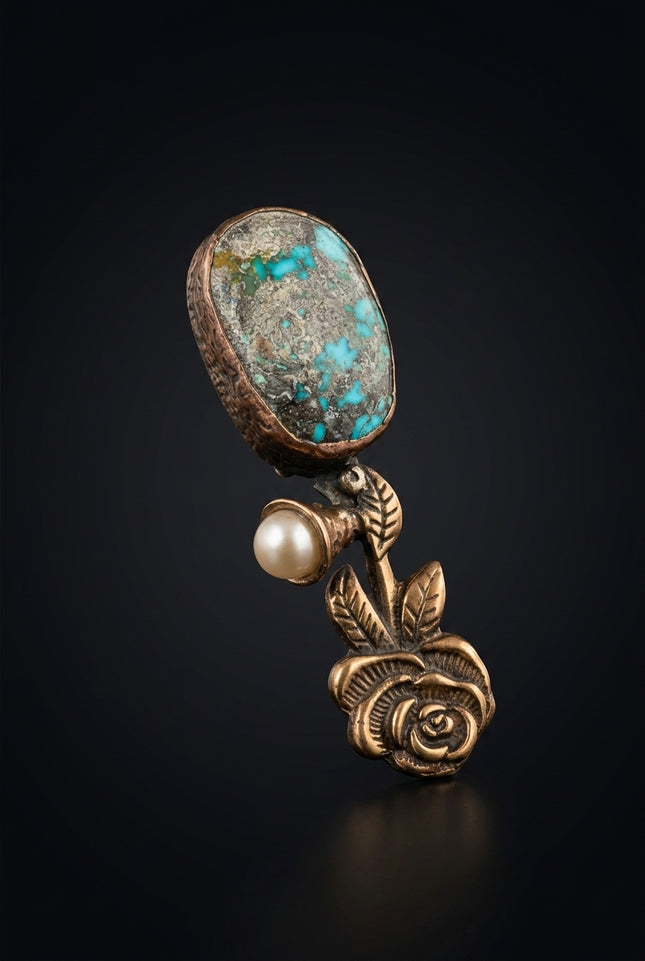 Brooch - Bronze, Turquoise, White elongated, rose, oval stone - angle