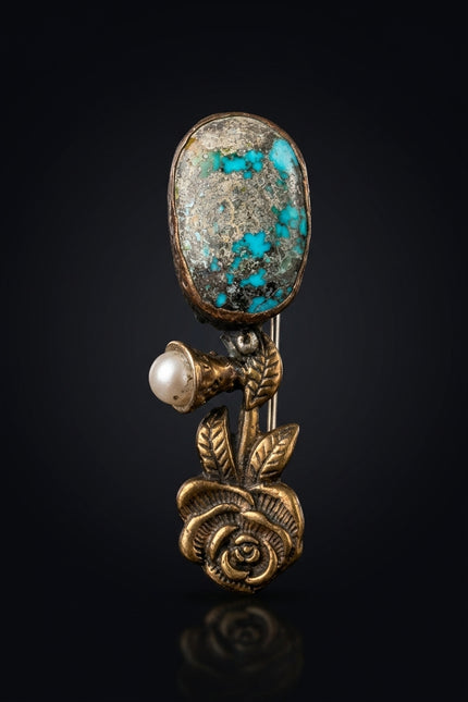 Brooch - Bronze, Turquoise, White elongated, rose, oval stone - front