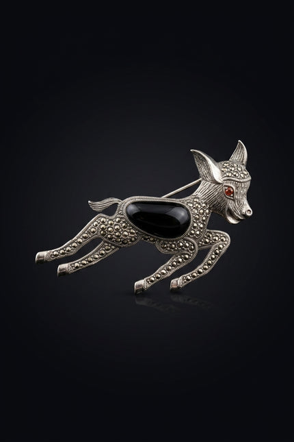 Brooch - Silver, Black, Orange running dog - angle