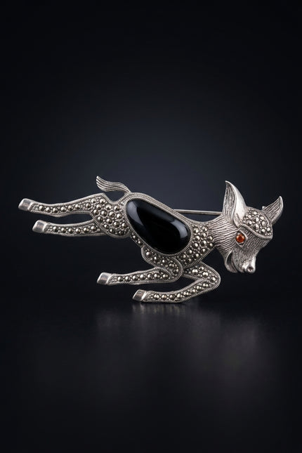 Brooch - Silver, Black, Orange running dog - front
