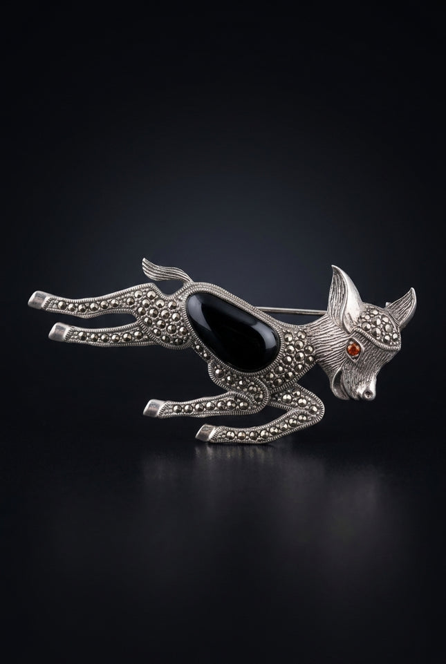 Brooch - Silver, Black, Orange running dog - front