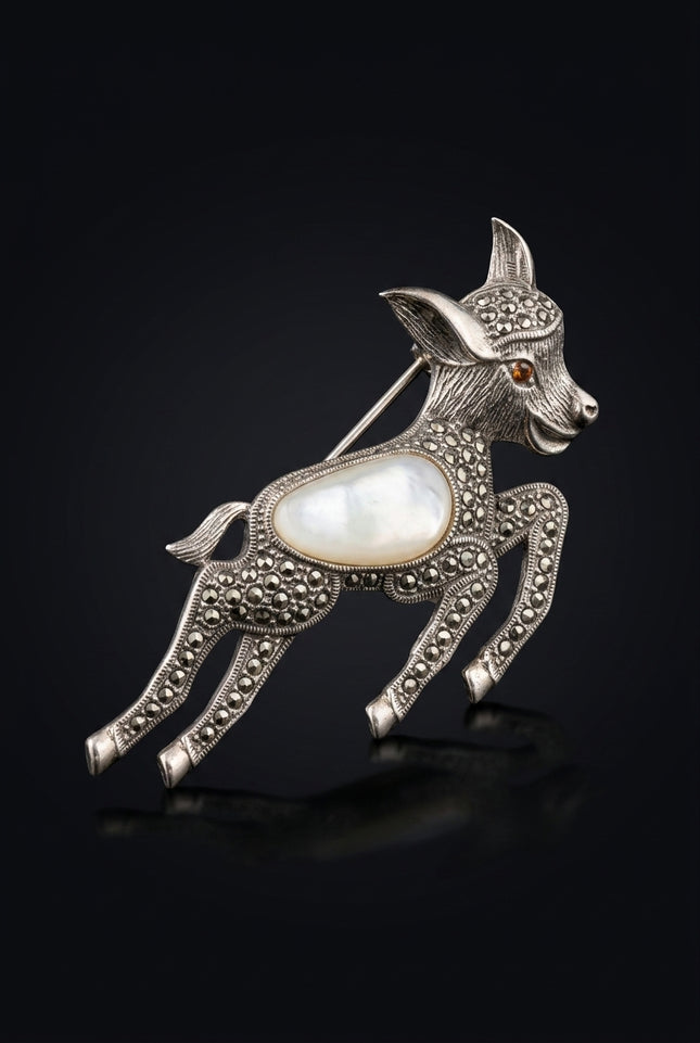 Brooch - Silver, White Running Donkey - angle