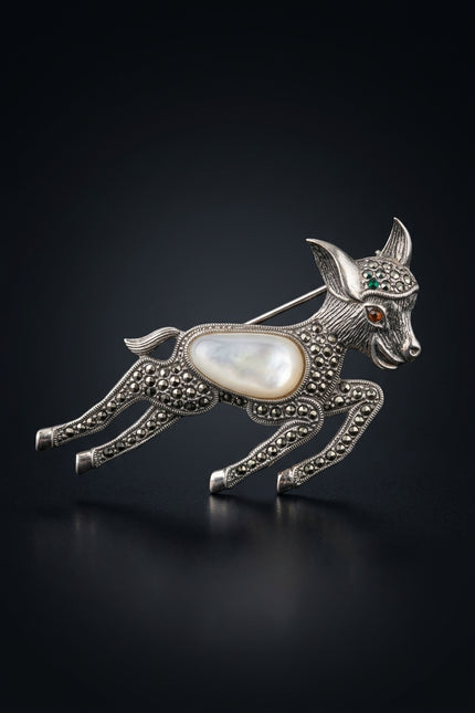 Brooch - Silver, White Running Donkey - front