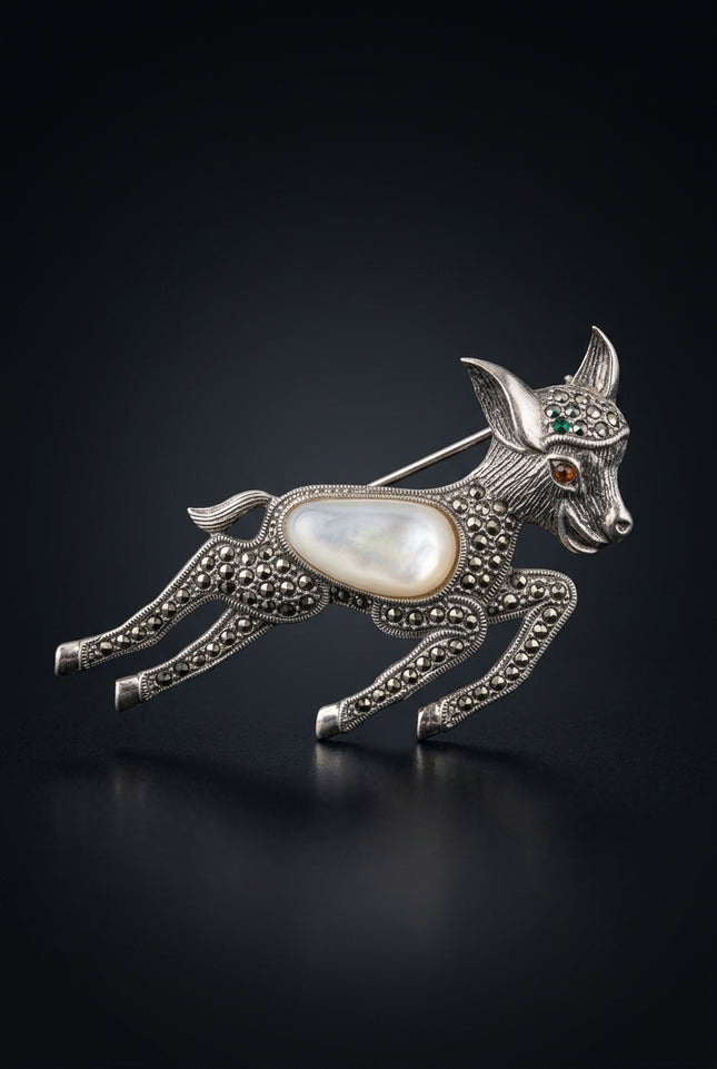 Brooch - Silver, White Running Donkey - front