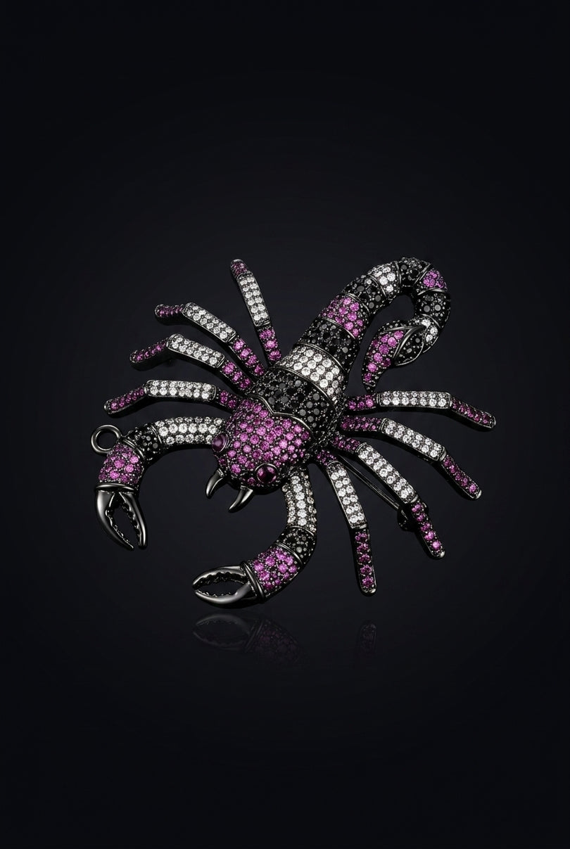 Brooch - Black, Purple, Clear scorpion - angle
