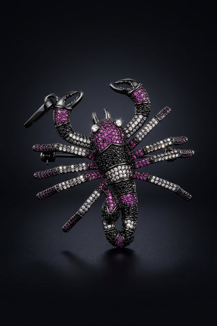 Brooch - Black, Purple, Clear scorpion - front