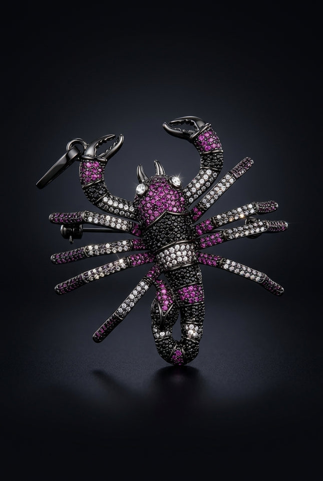 Brooch - Black, Purple, Clear scorpion - front