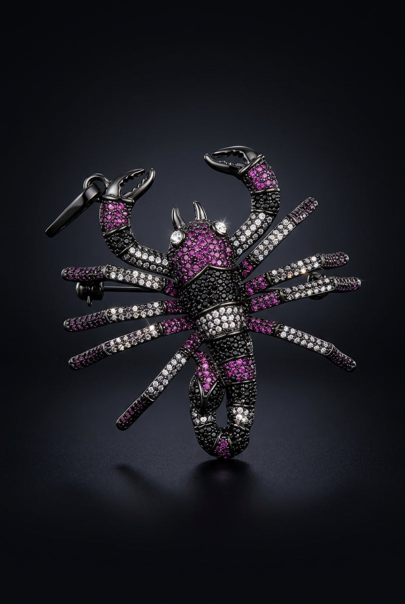 Brooch - Black, Purple, Clear scorpion - front
