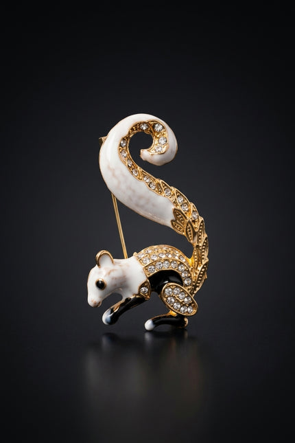 Brooch - White, Black, Gold squirrel - angle