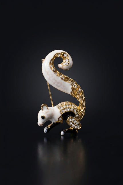 Brooch - White, Black, Gold squirrel - front