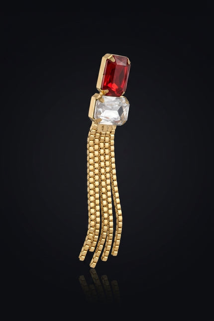 Brooch - Red, Clear, Gold Stacked rectangular with chain tassel - angle