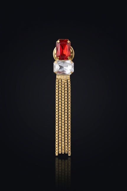 Brooch - Red, Clear, Gold Stacked rectangular with chain tassel - front
