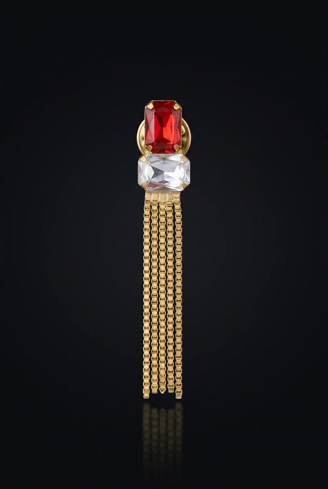 Brooch - Red, Clear, Gold Stacked rectangular with chain tassel - front