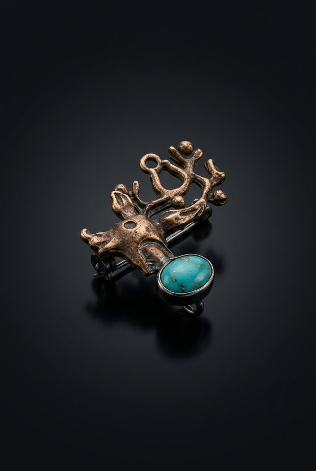 Brooch - Bronze Blue Silver stylized tree branches with round blue stone - angle
