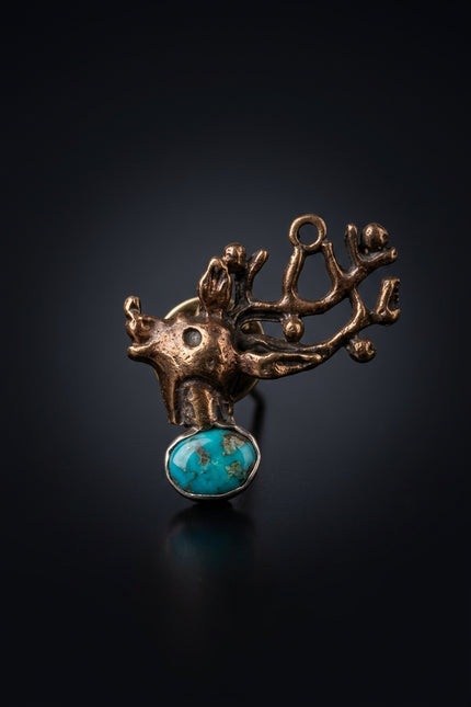 Brooch - Bronze Blue Silver stylized tree branches with round blue stone - front