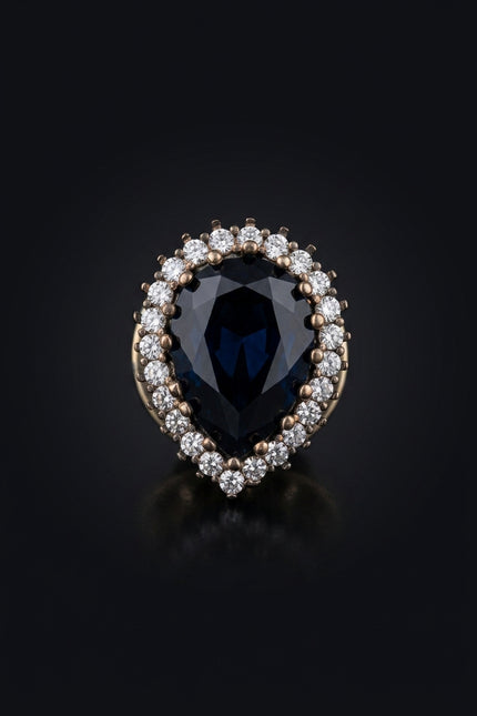 Brooch - Dark Blue, White, Gold teardrop - front