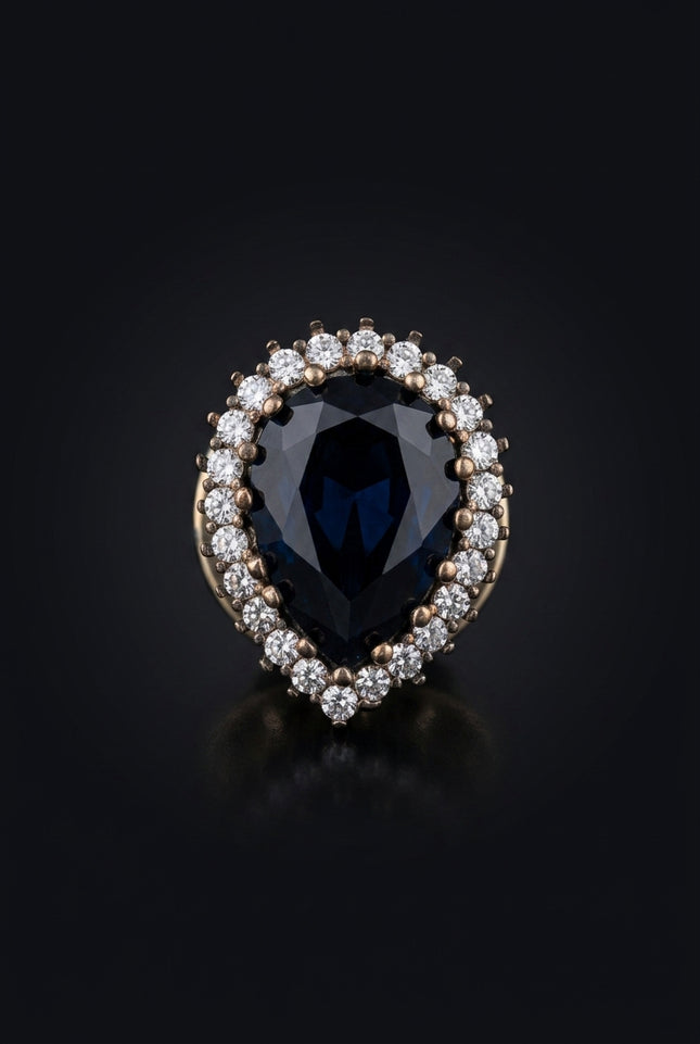 Brooch - Dark Blue, White, Gold teardrop - front