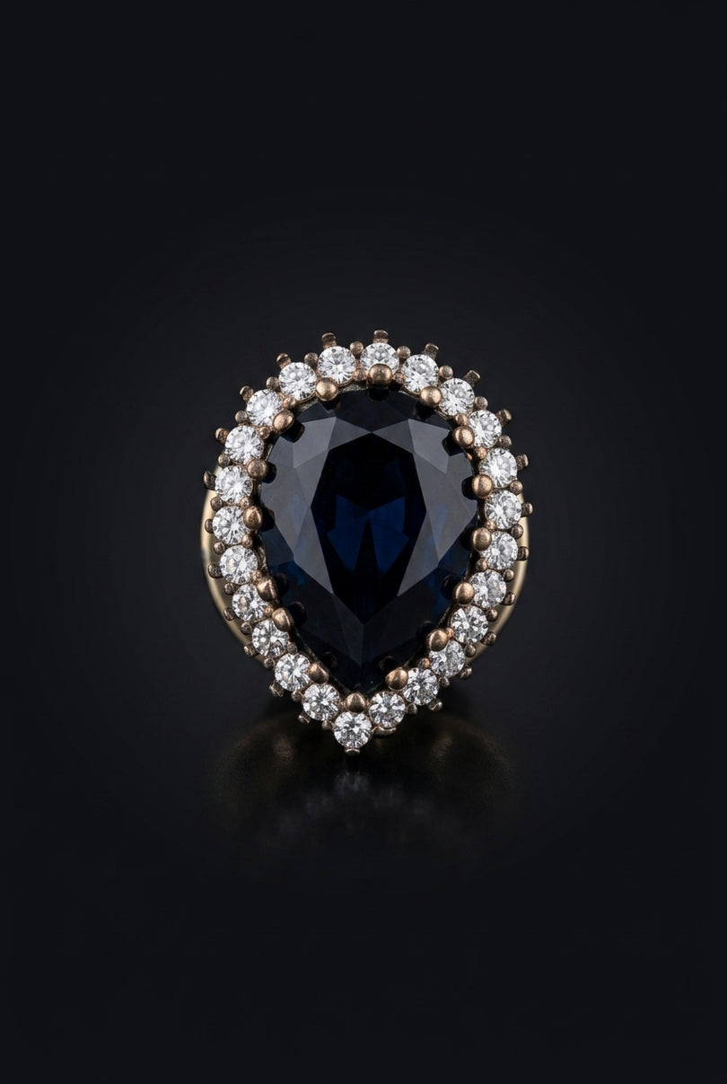 Brooch - Dark Blue, White, Gold teardrop - front