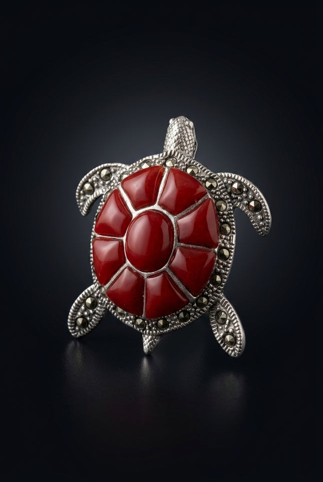 Brooch - Silver And Red turtle - angle