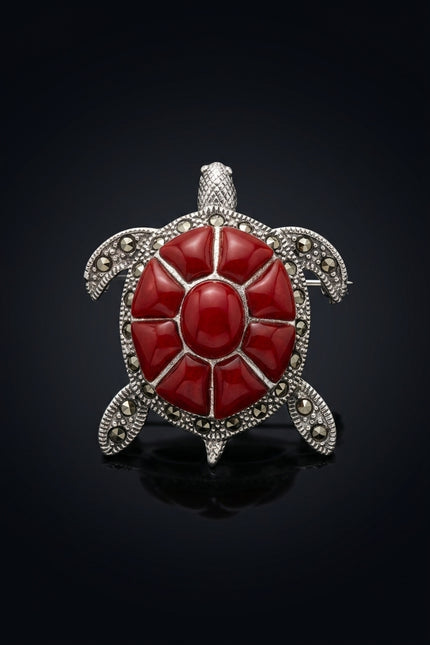 Brooch - Silver And Red turtle - front