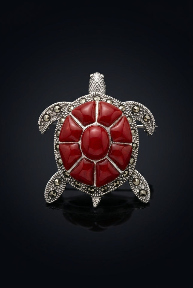 Brooch - Silver And Red turtle - front