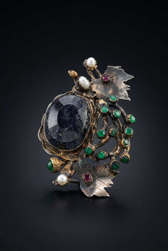 Brooch - Dark_Blue_Green_Red_Pearl_Oxidized_Silver organic_cluster_leaves_berries - angle