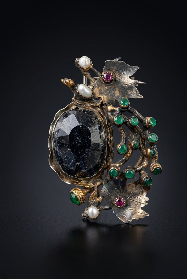Brooch - Dark_Blue_Green_Red_Pearl_Oxidized_Silver organic_cluster_leaves_berries - front