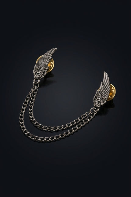 Brooch - Dark Metal, Gold two pins (wing, rose) connected by chains - angle