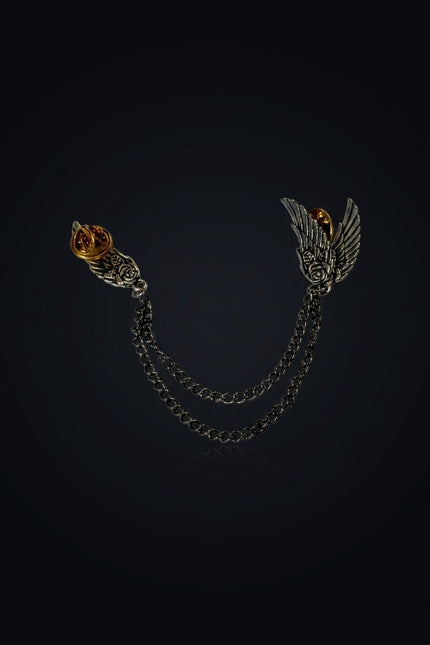Brooch - Dark Metal, Gold two pins (wing, rose) connected by chains - front